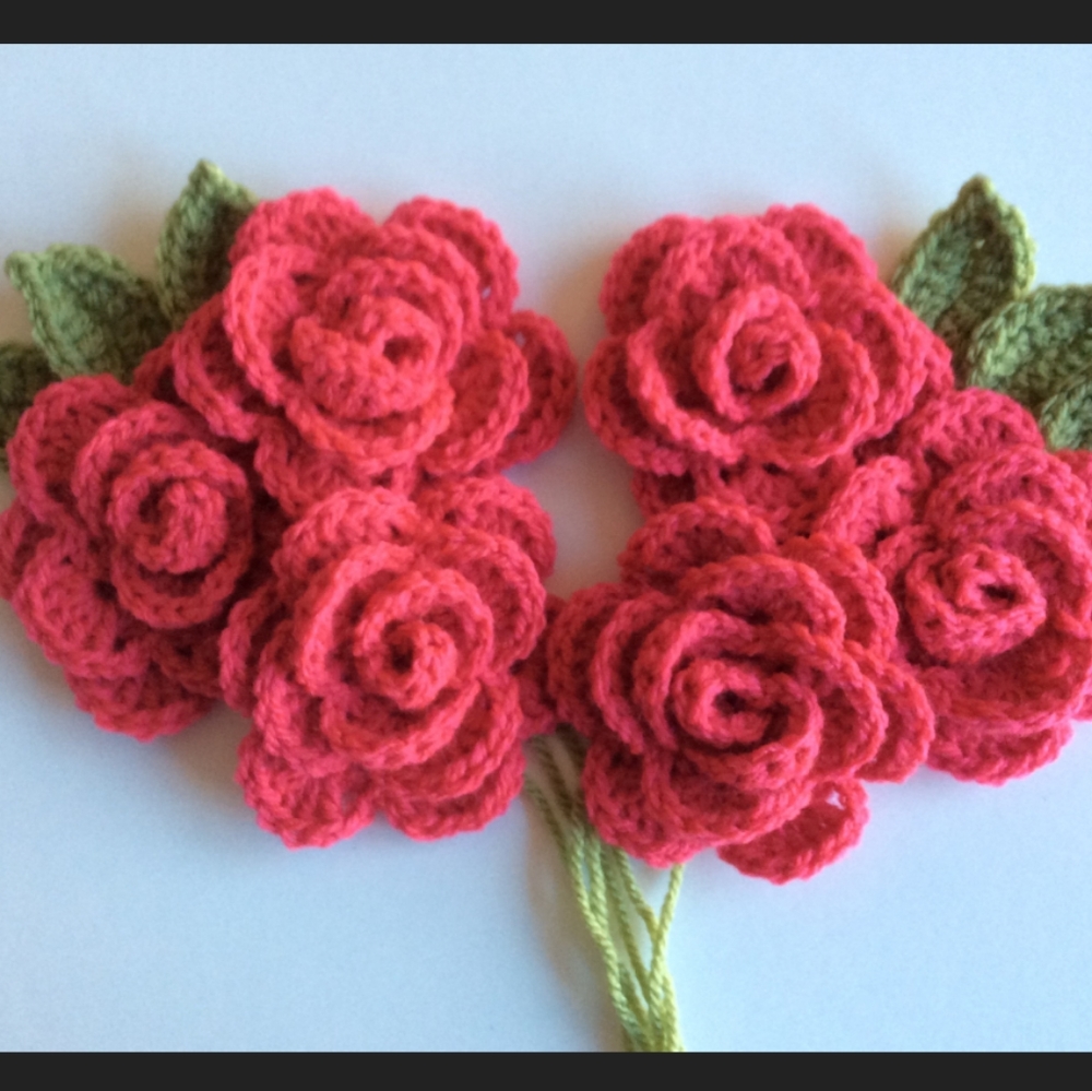 Crochet Roses, handmade roses, 6 roses w/leaves